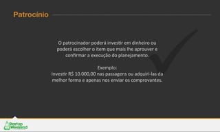 ü
Patrocínio
O	
  patrocinador	
  poderá	
  invesEr	
  em	
  dinheiro	
  ou	
  
poderá	
  escolher	
  o	
  item	
  que	
  mais	
  lhe	
  aprouver	
  e	
  
conﬁrmar	
  a	
  execução	
  do	
  planejamento.	
  	
  
	
  
Exemplo:	
  	
  
InvesEr	
  R$	
  10.000,00	
  nas	
  passagens	
  ou	
  adquiri-­‐las	
  da	
  
melhor	
  forma	
  e	
  apenas	
  nos	
  enviar	
  os	
  comprovantes.	
  
	
  
 