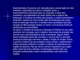 Essencialmente, foi preciso unir educação para a preservação do meio ambiente, valorização da cultura e tradições locais, e desenvolvimento sustentável para se conquistar o apoio dos moradores, que dependiam da renda obtida com a captura das tartarugas. A mudança de hábito das pessoas, a maioria pescadores e familiares, traduziu-se numa ampla rede de fiscalização das praias onde as tartarugas desovam. E também está consolidada hoje pela geração de 400 empregos diretos no Tamar e em diversas fontes de receita para as comunidades. Só assim, o trabalho de pesquisa e liberação de filhotes ao mar pode acontecer sem ameaças, para o objetivo mais amplo de proteção dos animais com conscientização de toda a sociedade. Alguns efeitos dessa mobilização geral são concretos: a caça já não é a principal ameaça às tartarugas marinhas e, desde a criação do Projeto Tamar, o governo instituiu leis que protegem esses animais, regulamentam fontes luminosas artificiais e proíbem o trânsito de automóveis em regiões de desovas. Mas por serem animais migratórios que viajam pelos mares de todo o planeta, as tartarugas também têm sua proteção condicionada a ações compartilhadas entre diferentes nações.  