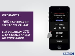 IMPORTÂNCIA:
10% DAS VISITAS DO
SITE SÃO VIA CELULAR
ELES VISUALIZAM 37%
MAIS PÁGINAS DO QUE
NO COMPUTADOR
 