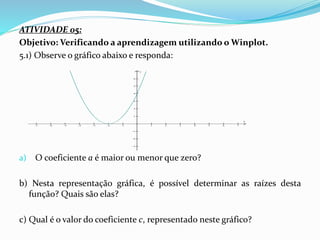 ATIVIDADE 05:
Objetivo: Verificando a aprendizagem utilizando o Winplot.
5.1) Observe o gráfico abaixo e responda:
a) O coeficiente a é maior ou menor que zero?
b) Nesta representação gráfica, é possível determinar as raízes desta
função? Quais são elas?
c) Qual é o valor do coeficiente c, representado neste gráfico?
             













x
y
 