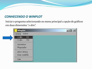 CONHECENDO O WINPLOT
Iniciar o programa selecionando no menu principal a opção de gráficos
em duas dimensões “2-dim”.
 