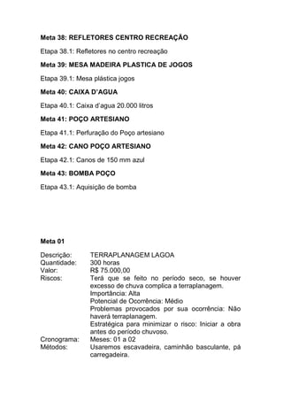 Meta 38: REFLETORES CENTRO RECREAÇÃO
Etapa 38.1: Refletores no centro recreação
Meta 39: MESA MADEIRA PLASTICA DE JOGOS
Etapa 39.1: Mesa plástica jogos
Meta 40: CAIXA D’AGUA
Etapa 40.1: Caixa d’agua 20.000 litros
Meta 41: POÇO ARTESIANO
Etapa 41.1: Perfuração do Poço artesiano
Meta 42: CANO POÇO ARTESIANO
Etapa 42.1: Canos de 150 mm azul
Meta 43: BOMBA POÇO
Etapa 43.1: Aquisição de bomba
Meta 01
Descrição: TERRAPLANAGEM LAGOA
Quantidade: 300 horas
Valor: R$ 75.000,00
Riscos: Terá que se feito no período seco, se houver
excesso de chuva complica a terraplanagem.
Importância: Alta
Potencial de Ocorrência: Médio
Problemas provocados por sua ocorrência: Não
haverá terraplanagem.
Estratégica para minimizar o risco: Iniciar a obra
antes do período chuvoso.
Cronograma: Meses: 01 a 02
Métodos: Usaremos escavadeira, caminhão basculante, pá
carregadeira.
 
