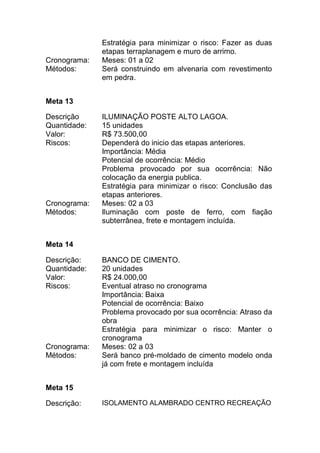 Estratégia para minimizar o risco: Fazer as duas
etapas terraplanagem e muro de arrimo.
Cronograma: Meses: 01 a 02
Métodos: Será construindo em alvenaria com revestimento
em pedra.
Meta 13
Descrição ILUMINAÇÃO POSTE ALTO LAGOA.
Quantidade: 15 unidades
Valor: R$ 73.500,00
Riscos: Dependerá do inicio das etapas anteriores.
Importância: Média
Potencial de ocorrência: Médio
Problema provocado por sua ocorrência: Não
colocação da energia publica.
Estratégia para minimizar o risco: Conclusão das
etapas anteriores.
Cronograma: Meses: 02 a 03
Métodos: Iluminação com poste de ferro, com fiação
subterrânea, frete e montagem incluída.
Meta 14
Descrição: BANCO DE CIMENTO.
Quantidade: 20 unidades
Valor: R$ 24.000,00
Riscos: Eventual atraso no cronograma
Importância: Baixa
Potencial de ocorrência: Baixo
Problema provocado por sua ocorrência: Atraso da
obra
Estratégia para minimizar o risco: Manter o
cronograma
Cronograma: Meses: 02 a 03
Métodos: Será banco pré-moldado de cimento modelo onda
já com frete e montagem incluída
Meta 15
Descrição: ISOLAMENTO ALAMBRADO CENTRO RECREAÇÃO
 
