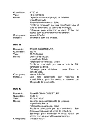 Quantidade: 4.700 m²
Valor: R$ 846.000,00
Riscos: Depende da desapropriação de terrenos.
Importância: Alta
Potencial de ocorrência: Baixo
Problema provocado por sua ocorrência: Não há
obra de isolamento do centro de recreação.
Estratégia para minimizar o risco: Entrar em
acordo com os proprietários dos terrenos.
Cronograma: Meses: 02 a 04
Métodos: Isolamento com tela artística.
Meta 16
Descrição: TRILHA CALÇAMENTO.
Quantidade: 850 m²
Valor: R$ 85.000,00
Riscos: Excesso de chuvas.
Importância: Média
Potencial de ocorrência: Médio
Problema provocado por sua ocorrência: Não
conclusão da trilha.
Estratégia para minimizar o risco: Fazer no
período seco.
Cronograma: Meses: 05 a 06
Métodos: Será feito calçamento com materiais de
acessibilidade, para dar acesso à pessoas com
dificuldade de locomoção.
Meta 17
Descrição: PLAYGROUND COBERTURA
Quantidade: 1.535 m²
Valor: R$ 383.750,00
Riscos: Depende da desapropriação de terrenos.
Importância: Baixa
Potencial de ocorrência: Baixo
Problema provocado por sua ocorrência: Sem
desapropriação não há obras de cobertura.
Estratégia para minimizar o risco: Entrar em
acordo com os proprietários dos terrenos.
Cronograma: Meses: 03 a 04
 