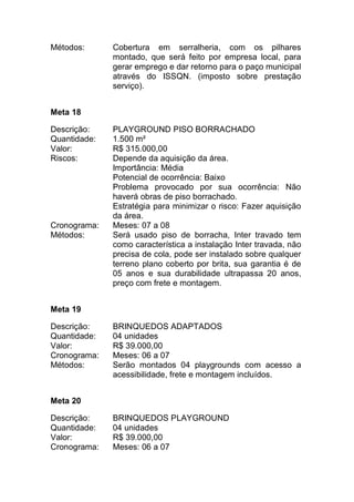 Métodos: Cobertura em serralheria, com os pilhares
montado, que será feito por empresa local, para
gerar emprego e dar retorno para o paço municipal
através do ISSQN. (imposto sobre prestação
serviço).
Meta 18
Descrição: PLAYGROUND PISO BORRACHADO
Quantidade: 1.500 m²
Valor: R$ 315.000,00
Riscos: Depende da aquisição da área.
Importância: Média
Potencial de ocorrência: Baixo
Problema provocado por sua ocorrência: Não
haverá obras de piso borrachado.
Estratégia para minimizar o risco: Fazer aquisição
da área.
Cronograma: Meses: 07 a 08
Métodos: Será usado piso de borracha, Inter travado tem
como característica a instalação Inter travada, não
precisa de cola, pode ser instalado sobre qualquer
terreno plano coberto por brita, sua garantia é de
05 anos e sua durabilidade ultrapassa 20 anos,
preço com frete e montagem.
Meta 19
Descrição: BRINQUEDOS ADAPTADOS
Quantidade: 04 unidades
Valor: R$ 39.000,00
Cronograma: Meses: 06 a 07
Métodos: Serão montados 04 playgrounds com acesso a
acessibilidade, frete e montagem incluídos.
Meta 20
Descrição: BRINQUEDOS PLAYGROUND
Quantidade: 04 unidades
Valor: R$ 39.000,00
Cronograma: Meses: 06 a 07
 