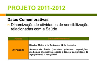 PROJETO 2011-2012Datas ComemorativasDinamização de atividadesde sensibilização relacionadas com a Saúde