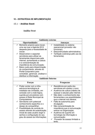10 – ESTRATÉGIA DE IMPLEMENTAÇÃO

10.1 – Análise Swot


         Análise Swot



                            Ambiente externo
         Oportunidades                          Ameaças
     Momento propício para inovar,       Instabilidade no sistema
     uma vez que a Agenda 2012           operacional (provedor não
     desperta para a necessidade de      funcionar);
     inovar;                             Descontinuidade administrativa;
     Desenvolver e capacitar             Tarifação (cobrança pelo uso da
     servidores para utilizar as         ferramenta).
     ferramentas disponíveis pela
     internet, aumentando a cultura
     e a conscientização da
     importância da comunicação;
     Baixo custo para disseminação
     do conhecimento, através do
     Portal Corporativo para
     consolidar, gerenciar, analisar e
     distribuir a informação
                            Ambiente Interno
              Forças                            Fraquezas
     Poder contar com a infra-           Resistência por parte dos
     estrutura tecnológica já            servidores em aceitar o novo;
     instalada nas Unidades, em          Ausência de cultura (hábito) de
     conexão com a rede lógica,          acessar e estudar pela internet;
     suprida por provedores com          Não deter o conhecimento das
     acesso à Rede Municipal de          ferramentas e as possibilidades
     Computadores;                       que a internet nos oferece;
     Servidores com potencial            Falta de autonomia para
     conhecimento específico e o         divulgação ;
     desejo de compartilhar;             Não conscientização da
     Possibilidade de controle do        importância que a comunicação
     acesso através de autenticação      exerce na Organização;
     inicial de cada usuário (login e    Ausência de suporte em
     senha) e configuração do seu        tecnologia da informação e
     grau de acesso às informações;      comunicação;
                                          Provedor de acesso limitado e
                                         lento.


                                                                       13
 