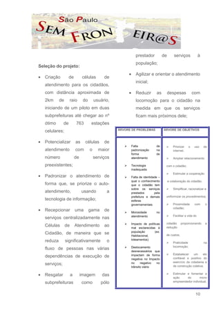 prestador            de       serviços              à
                                                                 população;
Seleção do projeto:
                                                          •      Agilizar e orientar o atendimento
•   Criação          de          células       de
                                                                 inicial;
    atendimento para os cidadãos,
    com distância aproximada de                           •      Reduzir        as         despesas              com
    2km      de        raio      do       usuário,               locomoção para o cidadão na
    iniciando de um piloto em duas                               medida em que os serviços
    subprefeituras até chegar ao nº                              ficam mais próximos dele;
    ótimo       de         763         estações
                                                     ÁRVORE DE PROBLEMAS              ÁRVORE DE OBJETIVOS
    celulares;

•   Potencializar          as     células      de
                                                              Falta             de             Priorizar     o   uso     da
    atendimento            com        o     maior             padronização      na             internet;
                                                              forma             de
    número                 de             serviços            atendimento                      Ampliar relacionamento

    preexistentes;                                            Tecnologia               com o cidadão;
                                                              inadequada
                                                                                               Estimular a cooperação
•   Padronizar o atendimento de                               Falta de identidade –
                                                              qual o conhecimento          e colaboração do cidadão;
    forma que, se priorize o auto-                            que o cidadão tem
                                                              sobre os serviços                Simplificar, racionalizar e
    atendimento,                usando          a             prestados        pela
                                                              prefeitura e demais      uniformizar os procedimentos;
    tecnologia de informação;                                 esferas
                                                              governamentais                   Proximidade        com     o

•
                                                                                               cidadão;
    Recepcionar            uma        gama     de             Morosidade        no
                                                              atendimento                      Facilitar a vida do
    serviços centralizadamente nas
                                                              Impacto de políticas     cidadão       proporcionando       a
    Células       de       Atendimento         ao             mal esclarecidas à       redução
                                                              população       (ex:
    Cidadão, de maneira que se                                                         de custos;
                                                              Habitacional,
                                                              loteamentos)
    reduza        significativamente            o                                              Praticidade               na
                                                              Deslocamento                     locomoção;
    fluxo de pessoas nas várias
                                                              desnecessários que
                                                              impactam de forma                Estabelecer    um     elo
    dependências de execução de                                                                confiável e positivo do
                                                              negativa no Impacto
                                                              no     negativo no               exercício da cidadania e
    serviços;                                                                                  de construção coletiva;
                                                              trânsito viário

•   Resgatar           a        imagem        das                                              Estimular e fomentar a
                                                                                               ação      do      micro
    subprefeituras              como         pólo                                              empreendedor individual;



                                                                                                                  10
 
