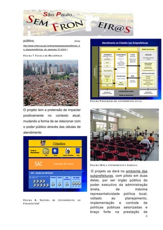 público.                                                                                               (fonte:
                                                                                                                                                           Atendimento ao Cidadão nas Subprefeituras
http://www.metro.sp.gov.br/empresa/pesquisas/afericao_d
a_pesquisa/afericao_da_pesquisa_01.shtml ),                                                                                                                                              SAC                                                  Gestão dos Serviços


                                                                                                                                                              ATENDIMENTO             CADASTRAMENTO                   FLUXOS                           EXECUÇÃO
F IGURA 7 F AVELA                       DE          H ELIÓPOLIS                                                                                            Solicitações de Serviços         Solicitações              Work Flow
                                                                                                                                                                     O.S.                                                                       Atendimento às Ordens de
                                                                                                                                                               Auto Atendimento            Abertura de O.S.          Garante o envio da                 Serviços
                                                                                                                                                                                                                    solicitação de serviço.
                                                                                                                                                                                                 900                   (assunto, região,
                                                                                                                                                                                          Tipos de Serviços          competência, etc.)
                                                                                                                                                                   Internet
                                                                                                                                                                                       Executados em Todos os                                       CAIXAS POSTAIS
                                                                                                                                                                                          Órgãos da PMSP
                                                                                                                                                                                        (SPs, Secretarias, Etc.)                                     ELETRONICAS




                                                                                                                                Solicitações de Serviços
                                                                                                                                                                    Totem
                                                                                                                                                                                       + de 5000 solicitações dia                                    Responsáveis pela




                                                                                                                      CIDADÃO
                                                                                                                                                                                                                                                   Execução dos Serviços

                                                                                                                                                              Praças de Atendimento                                                           ( SP, Secretaria, Empreiteira, Etc.)


                                                                                                                                                                                                                                              GESTÃO DA EXECUÇÃO
                                                                                                                                                              Telefone (Central de                                       BAIXA
                                                                                                                                                                 Atendimento)
                                                                                                                                                                                      PÓS EXECUÇÃO                                                      Padronização

                                                                                                                                                                                                                                                          Otimização
                                                                                                                                                                   Passivo             Verificação de Satisfação
                                                                                                                                                                                                                                                Gerenciamento da Execução
                                                                                                                                                                    Ativo                                              Solicitações
                                                                                                                                                                                                                    (Controla o Prazos)                 Programação
                                                                                                                                                                                               PRAZOS
                                                                                                                                                                                                                                                  Qualidade da Informação
                                                                                                                                                                                           INDICADORES
                                                                                                                                                                    Cartas
                                                                                                                                                                                                                                                              Etc.




                                                                                                                                                              COORDENAÇÃO
                                                                                                                                                                                            COORDENAÇÃO GERAL                                        COORDENAÇÃO
                                                                                                                                                           Atendimento ao Cidadão                                                                  Execução de Serviços
                                                                                                                                                                                              Gestão do Atendimento


                                                                                                                   F IGURA 9                               DIAGRAMA DE ATENDIMENTO ATUAL



O projeto tem a pretensão de impactar
positivamente                                  no                contexto                         atual,
mudando a forma de se relacionar com
o poder público através das células de
atendimento


                                                         Cidadãos
       Canais de
       relacionamento
                                         156              Internet             Praças de Atendimento     Totens




                 SAC                                      Disponibiliza 900 serviços
                                                                                                                   F IGURA 10                               PÇA ATENDIMENTO V MARIANA



        SAC - Gestão dos Serviços
                                                                                                                    O projeto se dará no ambiente das
     SMSP - SMCIS – SGM– SSO – SEHAB – SMT – SVMA
     – SMS – SEMAB - SGP                             Ouvidoria       Sptrans      Ilume            SAC Gestão
                                                                                                                   subprefeituras, com piloto em duas
                                                                                Operacional       SUBPREFEITURAS
                                                                                                                   delas, por ser órgão público do
                                                                                                 SOP SSP   SUOS
                                                                                                                   poder executivo da administração
                                                                                                                   direta,         de          máxima
                                                                                                                   representatividade política local,
F IGURA 8- S ISTEMA                                     DE           A TENDIMENTO                          AO
                                                                                                                   voltado      ao      planejamento,
C IDADÃO SAC                                                                                                       implementação     e   controle  de
                                                                                                                   políticas públicas setorizadas e
                                                                                                                   braço forte na prestação de
                                                                                                                                                                                                                                                         6
 