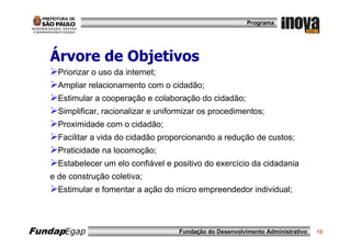 Programa




   Árvore de Objetivos
     Priorizar o uso da internet;
     Ampliar relacionamento com o cidadão;
     Estimular a cooperação e colaboração do cidadão;
     Simplificar, racionalizar e uniformizar os procedimentos;
     Proximidade com o cidadão;
     Facilitar a vida do cidadão proporcionando a redução de custos;
     Praticidade na locomoção;
     Estabelecer um elo confiável e positivo do exercício da cidadania
   e de construção coletiva;
     Estimular e fomentar a ação do micro empreendedor individual;




FundapEgap                            Fundação do Desenvolvimento Administrativo   13
 