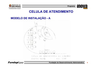 Programa


             CELULA DE ATENDIMENTO
 MODELO DE INSTALAÇÃO - A




FundapEgap              Fundação do Desenvolvimento Administrativo   8
 