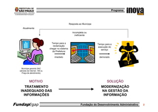 Programa




                                                     Resposta ao Munícipe
     Atualmente
                                                        Incompleta ou
                                                          ineficiente


                                   Tempo para a                             Tempo para a
                                    reclamação                              execução do
                                 chegar no sistema                            serviço
                                   da Prefeitura

                                     imediato                                demorado




    Munícipe gerando SAC
  (através de internet, 156 ou
     Praça de atendimento)



             MOTIVO                                                                 SOLUÇÃO
      TRATAMENTO                                                               MODERNIZAÇÃO
   INADEQUADO DAS                                                              NA GESTÃO DA
     INFORMAÇÕES                                                                INFORMAÇÃO

FundapEgap                                                     Fundação do Desenvolvimento Administrativo   2
 
