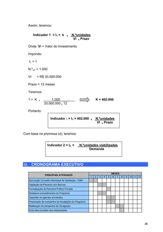 Assim, teremos:

           Indicador 1 = I1 = k           x   N.ºunidades
                                               VI x Prazo

      Onde: VI = Valor do Investimento

      Impondo:

      I1 = 1

      N.ºun = 1.000

      VI     = R$ 33.500.000

      Prazo = 12 meses

      Teremos:

      1= K     x         1.000 ____                             K = 402.000
                    33.500.000 x 12

      Portanto:

                          Indicador 1 = I1 = 402.000        x   N.ºunidades
                                                                 VI x Prazo


Com base na premissa (d), teremos:


                       Indicador 2 = I2 =         N.ºunidades viabilizadas
                                                        Demanda



12.     CRONOGRAMA EXECUTIVO

                                                                                MESES
                     PRINCIPAIS ATIVIDADES
                                                         1      2   3   4   5    6 7 8   9   10 11 12
      Aprovação Conselho Municipal de Habitação - CMH
      Capitação de Parceria com Bancos
      Formalização de Parceiria Público Privada
      Estabecer procedimentos do Programa
      Capacitar os agentes envolvidos
      Preparação da campanha de divulgação do Programa
      Realização da campanha de divulgação
      Início das incrições dos interessados




                                                                                                        25
 