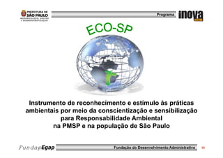 Programa




   Instrumento de reconhecimento e estímulo às práticas
  ambientais por meio da conscientização e sensibilização
             para Responsabilidade Ambiental
          na PMSP e na população de São Paulo


FundapEgap                    Fundação do Desenvolvimento Administrativo   10
 