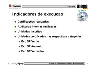 Programa




  Indicadores de execução
      Certificações realizadas
      Auditorias Internas realizadas
      Unidades inscritos
      Unidades certificadas nas respectivas categorias:
        Eco SP Verde
        Eco SP Amarelo
        Eco SP Vermelho



FundapEgap                       Fundação do Desenvolvimento Administrativo   25
 