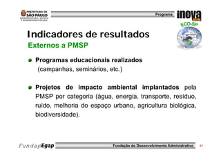 Programa




  Indicadores de resultados
  Externos a PMSP
  E t
    Programas educacionais realizados
     (campanhas, seminários, etc.)

    Projetos de impacto ambiental implantados pela
    PMSP por categoria (água energia transporte resíduo
                        (água, energia, transporte, resíduo,
    ruído, melhoria do espaço urbano, agricultura biológica,
    biodiversidade).
    biodiversidade)



FundapEgap                    Fundação do Desenvolvimento Administrativo   27
 