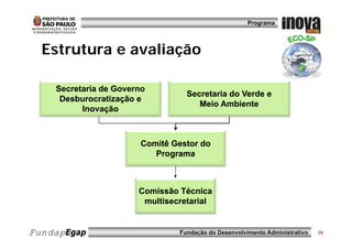 Programa




  Estrutura e avaliação

    Secretaria de Governo
                                  Secretaria do Verde e
     Desburocratização e
     D b         ti  ã
                                     Meio Ambiente
          Inovação



                       Comitê Gestor do
                          Programa



                       Comissão Técnica
                        multisecretarial


FundapEgap                      Fundação do Desenvolvimento Administrativo   29
 