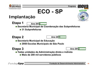 Programa



                       ECO - SP
Implantação
  p     ç
  Etapa 1         Ano 2010
      Secretaria Municipal de Coordenação das Subprefeituras
         31 Subprefeituras


  Etapa 2                           Ano 2011
      Secretaria Municipal de Educação
                       p           ç
         2958 Escolas Municipais de São Paulo

  Etapa 3                                                 Ano 2012
      Todas unidades da Administração direta e indireta
         Mais de 200 mil servidores públicos


FundapEgap                        Fundação do Desenvolvimento Administrativo   30
 