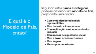104
Seguindo estes rumos estratégicos,
pode-se desenhar um Modelo de País,
projetando uma nação:
• Com uma democracia mais
representativa
• Mais honesta e transparente
• Com aplicação mais adequada dos
impostos
• Com menos desigualdade social
• Mais estável economicamente
• Mais segura
• Menos preconceituosa
E qual é o
Modelo de País,
então?
 