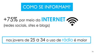 74
COMO SE INFORMAM?
+75% por meio da INTERNET
(redes sociais, sites e blogs)
nos jovens de 25 a 34 o uso de rádio é maior
 