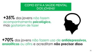 79
COMO ESTÁ A SAÚDE MENTAL
DOS JOVENS?
+35% dos jovens não fazem
acompanhamento psicológico,
mas gostariam de fazer
+70% dos jovens não fazem uso de antidepressivos,
ansiolíticos ou afins e acreditam não precisar disso
 