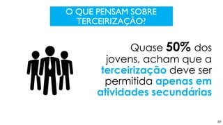89
O QUE PENSAM SOBRE
TERCEIRIZAÇÃO?
Quase 50% dos
jovens, acham que a
terceirização deve ser
permitida apenas em
atividades secundárias
 