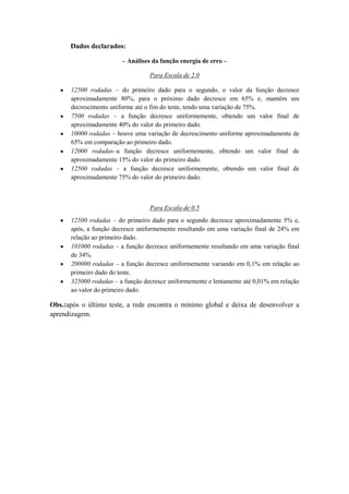 Dados declarados:
– Análises da função energia de erro –
Para Escala de 2.0
12500 rodadas – do primeiro dado para o segundo, o valor da função decresce
aproximadamente 80%, para o próximo dado decresce em 65% e, mantém um
decrescimento uniforme até o fim do teste, tendo uma variação de 75%.
7500 rodadas – a função decresce uniformemente, obtendo um valor final de
aproximadamente 40% do valor do primeiro dado.
10000 rodadas – houve uma variação de decrescimento uniforme aproximadamente de
65% em comparação ao primeiro dado.
12000 rodadas–a função decresce uniformemente, obtendo um valor final de
aproximadamente 15% do valor do primeiro dado.
12500 rodadas – a função decresce uniformemente, obtendo um valor final de
aproximadamente 75% do valor do primeiro dado.

Para Escala de 0.5
12500 rodadas – do primeiro dado para o segundo decresce aproximadamente 5% e,
após, a função decresce uniformemente resultando em uma variação final de 24% em
relação ao primeiro dado.
101000 rodadas – a função decresce uniformemente resultando em uma variação final
de 34%.
200000 rodadas – a função decresce uniformemente variando em 0,1% em relação ao
primeiro dado do teste.
325000 rodadas – a função decresce uniformemente e lentamente até 0,01% em relação
ao valor do primeiro dado.

Obs.:após o último teste, a rede encontra o mínimo global e deixa de desenvolver a
aprendizagem.

 
