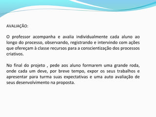 AVALIAÇÃO:
O professor acompanha e avalia individualmente cada aluno ao
longo do processo, observando, registrando e intervindo com ações
que ofereçam à classe recursos para a conscientização dos processos
criativos.
No final do projeto , pede aos aluno formarem uma grande roda,
onde cada um deve, por breve tempo, expor os seus trabalhos e
apresentar para turma suas expectativas e uma auto avaliação de
seus desenvolvimento na proposta.
 