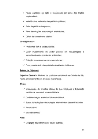 Pouca agilidade na ação e fiscalização por parte dos órgãos
        responsáveis;

        Ineficiência e ineficácia das políticas públicas;

        Falta de políticas integradas;

        Falta de soluções e tecnologias alternativas;

        Déficit de saneamento básico;

Conseqüências:

        Problemas com a saúde pública;

        Maior investimento do poder público em recuperações e
         remediações dos problemas ambientais;

        Poluição e escassez de recursos naturais;

        Comprometimento da qualidade de vida dos habitantes;

Árvore de Objetivos

Objetivo Central – Melhora da qualidade ambiental na Cidade de São
Paulo, principalmente em áreas de mananciais.

Meios:

        Implantação de projetos pilotos de Eco Eficiência e Educação
         Ambiental visando à sustentabilidade;

        Conscientização e sensibilização ambiental;

        Busca por soluções e tecnologias alternativas e descentralizadas;

        Fiscalização;

        Visão sistêmica;

Fins:

        Mitigação de problemas de saúde pública;


                                                                       14
 