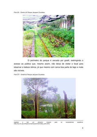 Foto 06 – Viveiro do Parque Jacques Cousteau.




                       O perímetro do parque é cercado por gradil, restringindo o
acesso ao público que, mesmo assim, não deixa de visitar o local para
observar a beleza cênica, já que mesmo com cerca boa parte do lago e mata
são visíveis.
Foto O7 – Gradil do Parque Jacques Cousteau.




vegetais        e       tem      um       altíssimo     impacto   para   os   ecossistemas   aquáticos.
(http://eco.ib.usp.br/lepac/conservacao/ensino/des_eutro.htm).


                                                                                                     8
 