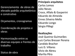 Gerenciamento de obras de
elevado padrão arquitetônico
e construtivo
Orçamentos, cronogramas
Coordenação de projetos e
obras
Harmonização entre as
diversas equipes e frentes de
trabalho
Status de obra
Principais arquitetos
Carlos Lemos
Júlio Neves
Croce, Aflalo & Gasperini
Eduardo de Almeida
Ennes Silveira Mello
Eduardo Longo
Sérgio Pillegi
Realizações
José Queiroz Guimarães
Luiz Carlos Bresser Pereira
Candido Bracher
Luiz D. Villares
Silvio de Abreu
Marília Pêra
 