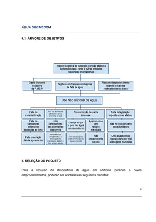 ÁGUA SOB MEDIDA


4.1 ÁRVORE DE OBJETIVOS




5. SELEÇÃO DO PROJETO

Para   a   redução   do   desperdício   de   água   em   edifícios   públicos   e   novos
empreendimentos, poderão ser adotadas as seguintes medidas:



                                                                                        4
 