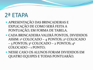 2ª ETAPA
 APRESENTAÇÃO DAS BRINCADEIRAS E
EXPLICAÇÃO DE COMO SERÁ FEITA A
PONTUAÇÃO, EM FORMA DE TABELA.
 CADA BRINCADEIRA VALERÁ PONTOS, DIVIDIDOS
ASSIM: 1º COLOCADO – 4 PONTOS; 2º COLOCADO
– 3 PONTOS; 3º COLOCADO – 2 PONTOS; 4º
COLOCADO – 1 PONTO;
 NESSE CASO OS ALUNOS FORAM DIVIDIDOS EM
QUATRO EQUIPES E TODAS PONTUARÃO.
 