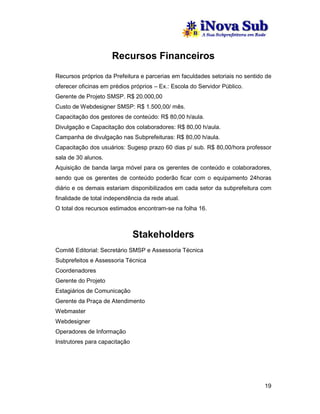 Recursos Financeiros
Recursos próprios da Prefeitura e parcerias em faculdades setoriais no sentido de
oferecer oficinas em prédios próprios – Ex.: Escola do Servidor Público.
Gerente de Projeto SMSP. R$ 20.000,00
Custo de Webdesigner SMSP: R$ 1.500,00/ mês.
Capacitação dos gestores de conteúdo: R$ 80,00 h/aula.
Divulgação e Capacitação dos colaboradores: R$ 80,00 h/aula.
Campanha de divulgação nas Subprefeituras: R$ 80,00 h/aula.
Capacitação dos usuários: Sugesp prazo 60 dias p/ sub. R$ 80,00/hora professor
sala de 30 alunos.
Aquisição de banda larga móvel para os gerentes de conteúdo e colaboradores,
sendo que os gerentes de conteúdo poderão ficar com o equipamento 24horas
diário e os demais estariam disponibilizados em cada setor da subprefeitura com
finalidade de total independência da rede atual.
O total dos recursos estimados encontram-se na folha 16.



                               Stakeholders
Comitê Editorial: Secretário SMSP e Assessoria Técnica
Subprefeitos e Assessoria Técnica
Coordenadores
Gerente do Projeto
Estagiários de Comunicação
Gerente da Praça de Atendimento
Webmaster
Webdesigner
Operadores de Informação
Instrutores para capacitação




                                                                              19
 