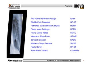 Programa




             Ana Paula Pereira de Araújo                      Iprem
             Cleilde Felix Nogueira                           SP-AF
             Fernanda Julio Barbosa Campos                    HSPM
             Flavia Ivana Pallinger                           HSPM
             Flavio Moura Telles                              SMSU
             Idesvaldo Alves Porto                            SP-MP
             Jarbas Francischi                                SADS
             Maria da Graça Ferreira                          SMSP
             Paulo Cahim                                      SP-ST
             Rose Mari Cristiano                              Ouvidoria




FundapEgap                       Fundação do Desenvolvimento Administrativo   2
 