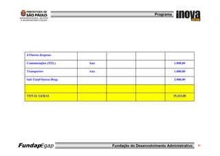 Programa




  4-Outras despesas

  Comunicações (TEL)       Ano                                    1.000,00

  Transportes              Ano                                    1.000,00

  Sub Total Outras Desp.                                          2.000,00




  TOTAL GERAL                                                     35.415,00




FundapEgap                       Fundação do Desenvolvimento Administrativo   31
 