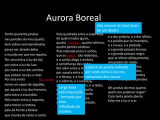 Aurora Boreal
Tenho quarenta janelas
nas paredes do meu quarto.
Sem vidros nem bambinelas
posso ver através delas
o mundo em que me reparto.
Por uma entra a luz do Sol,
por outra a luz do luar,
por outra a luz das estrelas
que andam no céu a rolar.
Por esta entra
como um vapor de algodão,
por aquela a luz dos homens,
pela outra a escuridão.
Pela maior entra o espanto,
pela menor a certeza,
pela da frente a beleza
que inunda de canto a canto.
Pela quadrada entra a esperança
de quatro lados iguais,
quatro , quatro vértices,
quatro pontos cardeais.
Pela redonda entra o sonho,
que as são redondas,
e o sonho afaga e embala
à semelhança das ondas.
Por além entra a tristeza,
por aquela entra a saudade,
e o desejo, e a humildade,
e o silêncio, e a surpresa,
e o amor dos homens, e o tédio,
e o medo, e a melancolia,
e essa fome sem remédio
a que se chama poesia,
e a inocência, e a bondade,
e a dor própria, e a dor alheia,
e a paixão que se incendeia,
e a viuvez, e a piedade,
e o grande pássaro branco,
e o grande pássaro negro
que se olham obliquamente,
arrepiados de medo,
todos os risos e choros,
todas as fomes e sedes,
tudo alonga a sua sombra
nas minhas quatro paredes.
Oh janelas do meu quarto,
quem vos pudesse rasgar!
Com tanta janela aberta
falta-me a luz e o ar.
Via Láctea
arestas
vigias
Larga faixa
esbranquiçada
, formada por
uma
infinidade de
estrelas
reta comum ás duas faces
de um diedro
espécie de janela redonda
por onde entra a luz nos
camarotes dos navios
 