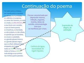 Por além entra a tristeza,
por aquela entra a saudade
e o desejo, e a humildade,
e o silêncio, e a surpresa,
e o amor dos homens, e o tédio,
e o medo, e a MELANCOLIA,
e essa fonte sem remédio
a que se chama poesia,
e a inocência, e a bondade,
e a dor própria, e a dor alheia,
e a paixão que se incendeia,
e a viuvez e a piedade,
e o grande pássaro branco,
e o grande pássaro negro
que se olham obliquamente,
arrepiados de medo,
todos os RISOS e choros,
todas as fomes, e SEDES
tudo alonga a sua sombra
nas minhas quatro paredes.
Continuação do poema
Carência de água;
necessidade de
ingerir líquidos.
Expressão de
alegria, de
satisfação.
Psicose caracterizada por
depressão intensa,
inibição, angústia,
insónia, ideias de
suicídio, sintomatologia
esta que
se manifesta por crises.
 