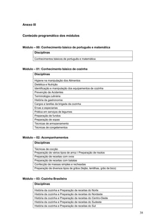 Anexo III


Conteúdo programático dos módulos


Módulo – 00: Conhecimento básico de português e matemática
        Disciplinas

        Conhecimentos básicos de português e matemática


Módulo – 01: Conhecimento básico de cozinha
        Disciplinas

        Higiene na manipulação dos Alimentos
        Dietética e Nutrição
        Identificação e manipulação dos equipamentos de cozinha
        Prevenção de Acidentes
        Terminologia culinária
        História da gastronomia
        Cargos e tarefas da brigada da cozinha
        Ervas e especiarias
        Prática em serviços de legumes
        Preparação de fundos
        Preparação de sopas
        Técnicas de armazenamento
        Técnicas de congelamentos


Módulo – 02: Acompanhamentos
        Disciplinas

        Técnicas de cocção
        Preparação de vários tipos de arroz / Preparação de risotos
        Preparação de receitas com ovos
        Preparação de receitas com batatas
        Confecção de massas simples e recheadas
        Preparação de diversos tipos de grãos (feijão, lentilhas, grão de bico)


Módulo – 03: Cozinha Brasileira
        Disciplinas

        História da cozinha e Preparação de receitas do Norte
        História da cozinha e Preparação de receitas do Nordeste
        História da cozinha e Preparação de receitas do Centro-Oeste
        História da cozinha e Preparação de receitas do Sudeste
        História da cozinha e Preparação de receitas do Sul

                                                                                  38
 