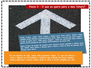 Passo 2 – O que eu quero para o meu futuro?
Ter um objetivo de vida, saber onde queremos chegar, é o que nos motiva a
lutar e superar as dificuldades e desafios que surgirão em nosso caminho.
Nossos objetivos e nossos sonhos serão os alvos a serem atingidos por nós!
 