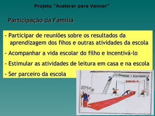 - Participar de reuniões sobre os resultados da    aprendizagem dos fihos e outras atividades da escola - Acompanhar a vida escolar do filho e incentivá-lo - Estimular as atividades de leitura em casa e na escola - Ser parceiro da escola Participação da Família Projeto “Acelerar para Vencer” 