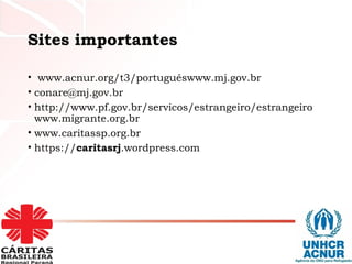Sites importantes
•  www.acnur.org/t3/portuguêswww.mj.gov.br 
• conare@mj.gov.br 
• http://www.pf.gov.br/servicos/estrangeiro/estrangeiro
www.migrante.org.br 
• www.caritassp.org.br
• https://caritasrj.wordpress.com
 