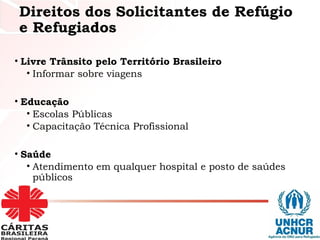 Direitos dos Solicitantes de Refúgio
e Refugiados
• Livre Trânsito pelo Território Brasileiro
• Informar sobre viagens
• Educação
• Escolas Públicas
• Capacitação Técnica Profissional
• Saúde
• Atendimento em qualquer hospital e posto de saúdes
públicos
 