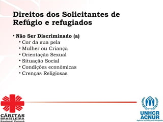 Direitos dos Solicitantes de
Refúgio e refugiados
• Não Ser Discriminado (a)
• Cor da sua pela
• Mulher ou Criança
• Orientação Sexual
• Situação Social
• Condições econômicas
• Crenças Religiosas
 
