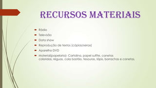RECURSOS MATERIAIS
 Rádio
 Televisão
 Data show
 Reprodução de textos (cópias/xerox)
 Aparelho DVD
 Material(papelaria)- Cartolina, papel sulfite, canetas
coloridas, réguas, cola bastão, tesouras, lápis, borrachas e canetas.
 