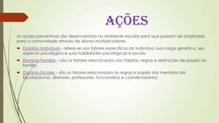 AÇÕES
As ações preventivas são desenvolvidas no ambiente escolar para que possam ser ampliadas
para a comunidade através de alunos multiplicadores.
 Domínio Individual – refere-se aos fatores específicos do indivíduo: sua carga genética, seu
aspecto psicológico e suas habilidades psicológicas e sociais.
 Domínio Familiar – são os fatores relacionados aos hábitos, regras e definições de papéis na
família.
 Domínio Escolar – são os fatores relacionados às regras e papéis dos membros da
Escola(alunos, diretores, professores, funcionários e coordenadores)
 