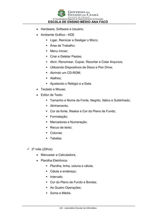 9ª Coordenadoria Regional de Desenvolvimento da Educação
              ESCOLA DE ENSINO MÉDIO ANA FACÓ

       Hardware, Software e Usuário;
       Ambiente Gráfico - KDE
             Ligar, Reiniciar e Desligar o Micro;
             Área de Trabalho;
             Menu Iniciar;
             Criar e Deletar Pastas;
             Abrir, Renomear, Copiar, Recortar e Colar Arquivos;
             Utilizando Dispositivos de Disco e Pen Drive;
             Abrindo um CD-ROM;
             Atalhos;
             Ajustando o Relógio e a Data.
       Teclado e Mouse;
       Editor de Texto:
             Tamanho e Nome da Fonte, Negrito, Itálico e Sublinhado;
             Alinhamento;
             Cor da fonte, Realce e Cor do Plano de Fundo;
             Formatação;
             Marcadores e Numeração;
             Recuo de texto;
             Colunas;
             Tabelas.


 2º mês (20h/a):
       Manusear a Calculadora;
       Planilha Eletrônica:
             Planilha, linha, coluna e célula;
             Célula e endereço;
             Intervalo;
             Cor do Plano de Fundo e Bordas;
             As Quatro Operações;
             Soma e Média.



                        LEI - Laboratório Escolar de Informática
 
