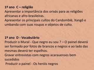 1º ano C – religião
Apresentar a importância dos orixás para as religiões
africanas e afro-brasileiras.
Apresentar os principais cultos do Candomblé, Xangô e
umbanda com suas roupas e objetos de culto.


1º ano D - Vocabulário
Produzir o Mural - Que negro eu sou ? – O painel deverá
ser formado por fotos de brancos e negros e ao lado das
mesmas deverá ter espelhos.
Gravar entrevistas com negros acarauenses bem
sucedidos
 Produzir o painel - Os heróis negros
 