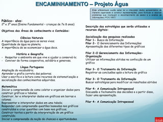 ENCAMINHAMENTO – Projeto Água Descrição das estratégias que serão utilizadas e recursos digitais: Socialização das pesquisas realizadas Pilar 1-  Busca da Informação Pilar 2-  O   Gerenciamento das Informações Apresentação dos diferentes tipos de gráficos Pilar 2-O Gerenciamento das Informações- Organização Utilizar as informações obtidas na confecção de um gráfico Pilar 3- O Tratamento da Informação Registrar as conclusões após a leitura do gráfico Pilar 3- O Tratamento da Informação Buscar estratégias para modificar os resultados obtidos Pilar 4- A Comunicação Intrapessoal  Discussão e fechamento das decisões e a partir disso, fazer uma apresentação.  Pilar 4- A Comunicação Intrapessoal Público- alvo:  2º e 3º anos (Ensino Fundamental – crianças de 7e 8 anos) Objetivos das Áreas de conhecimento e Conteúdos: Ciências Naturais A importância da água para os seres vivos; Quantidade de água no planeta; A importância de se economizar a água doce.   História e Geografia -  Respeitar o ambiente em que vive e ajudar a conservá-lo; -  Conviver de forma cooperativa, solidária e generosa.   Língua Portuguesa Ampliação do vocabulário; Aprender a grafia correta das palavras;  Usar a escrita e a leitura como recursos de sistematização e socialização dos conhecimentos adquiridos. Matemática Iniciar a compreensão de como coletar e organizar dados para construir gráficos e tabelas; Construir, ler e interpretar dados em gráficos em barras e colunas; Representar e interpretar dados em uma tabela; Responder com compreensão questões baseadas nos gráficos construídos e criar questões com base nos gráficos; Construir textos a partir da interpretação de um gráfico construído; Iniciar a compreensão da noção de chances e oportunidades. 