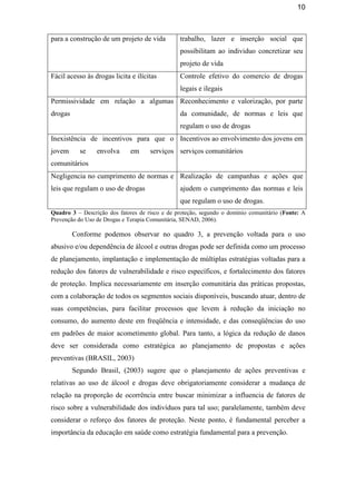 10
para a construção de um projeto de vida trabalho, lazer e inserção social que
possibilitam ao individuo concretizar seu
projeto de vida
Fácil acesso às drogas licita e ilícitas Controle efetivo do comercio de drogas
legais e ilegais
Permissividade em relação a algumas
drogas
Reconhecimento e valorização, por parte
da comunidade, de normas e leis que
regulam o uso de drogas
Inexistência de incentivos para que o
jovem se envolva em serviços
comunitários
Incentivos ao envolvimento dos jovens em
serviços comunitários
Negligencia no cumprimento de normas e
leis que regulam o uso de drogas
Realização de campanhas e ações que
ajudem o cumprimento das normas e leis
que regulam o uso de drogas.
Quadro 3 – Descrição dos fatores de risco e de proteção, segundo o domínio comunitário (Fonte: A
Prevenção do Uso de Drogas e Terapia Comunitária, SENAD, 2006).
Conforme podemos observar no quadro 3, a prevenção voltada para o uso
abusivo e/ou dependência de álcool e outras drogas pode ser definida como um processo
de planejamento, implantação e implementação de múltiplas estratégias voltadas para a
redução dos fatores de vulnerabilidade e risco específicos, e fortalecimento dos fatores
de proteção. Implica necessariamente em inserção comunitária das práticas propostas,
com a colaboração de todos os segmentos sociais disponíveis, buscando atuar, dentro de
suas competências, para facilitar processos que levem à redução da iniciação no
consumo, do aumento deste em freqüência e intensidade, e das conseqüências do uso
em padrões de maior acometimento global. Para tanto, a lógica da redução de danos
deve ser considerada como estratégica ao planejamento de propostas e ações
preventivas (BRASIL, 2003)
Segundo Brasil, (2003) sugere que o planejamento de ações preventivas e
relativas ao uso de álcool e drogas deve obrigatoriamente considerar a mudança de
relação na proporção de ocorrência entre buscar minimizar a influencia de fatores de
risco sobre a vulnerabilidade dos indivíduos para tal uso; paralelamente, também deve
considerar o reforço dos fatores de proteção. Neste ponto, é fundamental perceber a
importância da educação em saúde como estratégia fundamental para a prevenção.
 